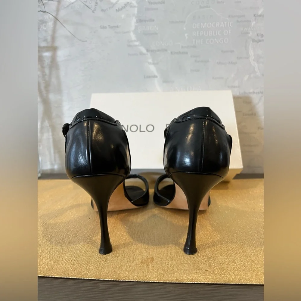 MANOLO BLAHNIK Roon Open-Toe Ankle-Wrap Sandals Black Leather High Heel 39 XE - Picture 3 of 5